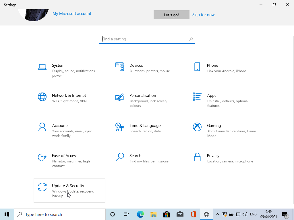 Klik Update & Security untuk memperbaharui Windows 10