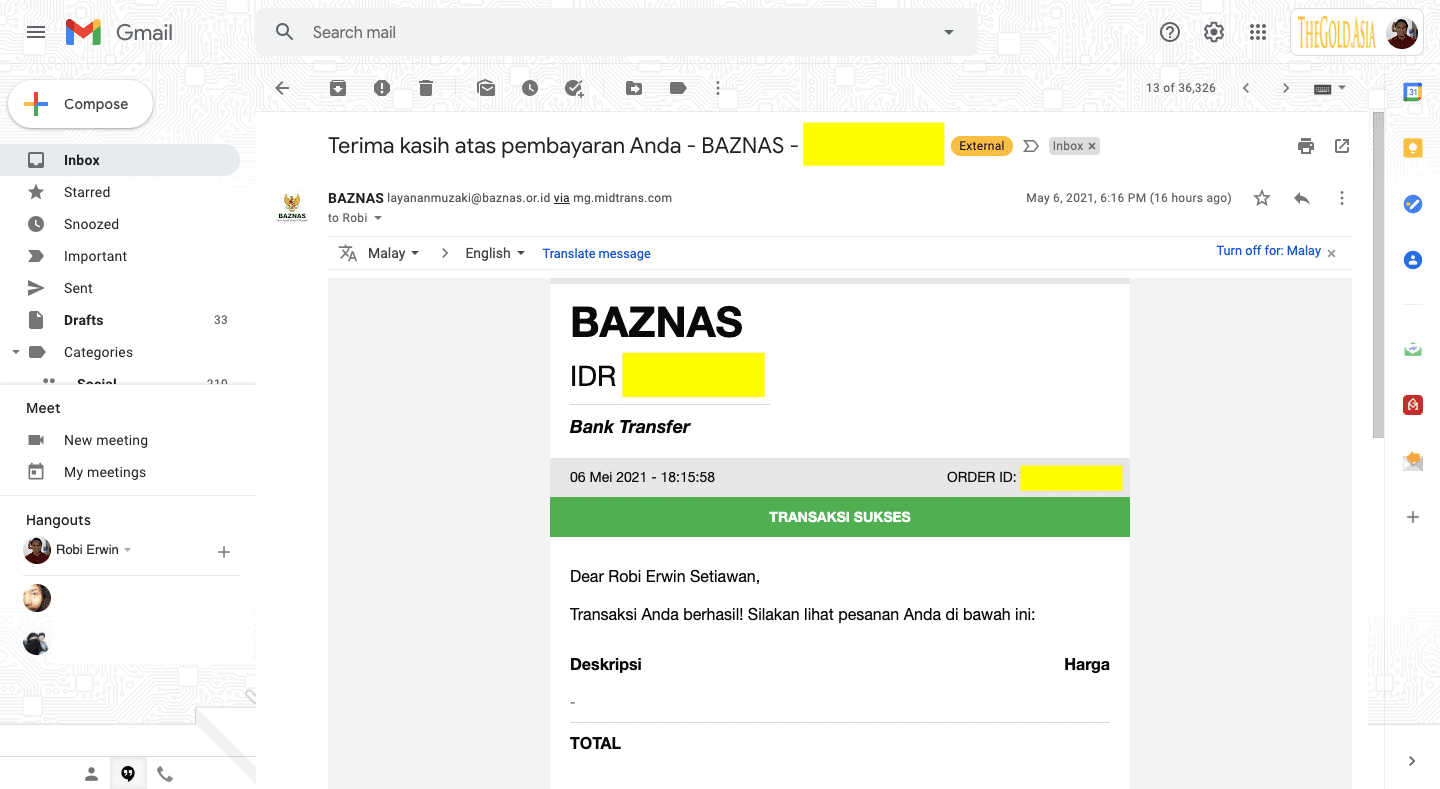 Bukti bayar Zakat Fitrah di Situs Online Baznas