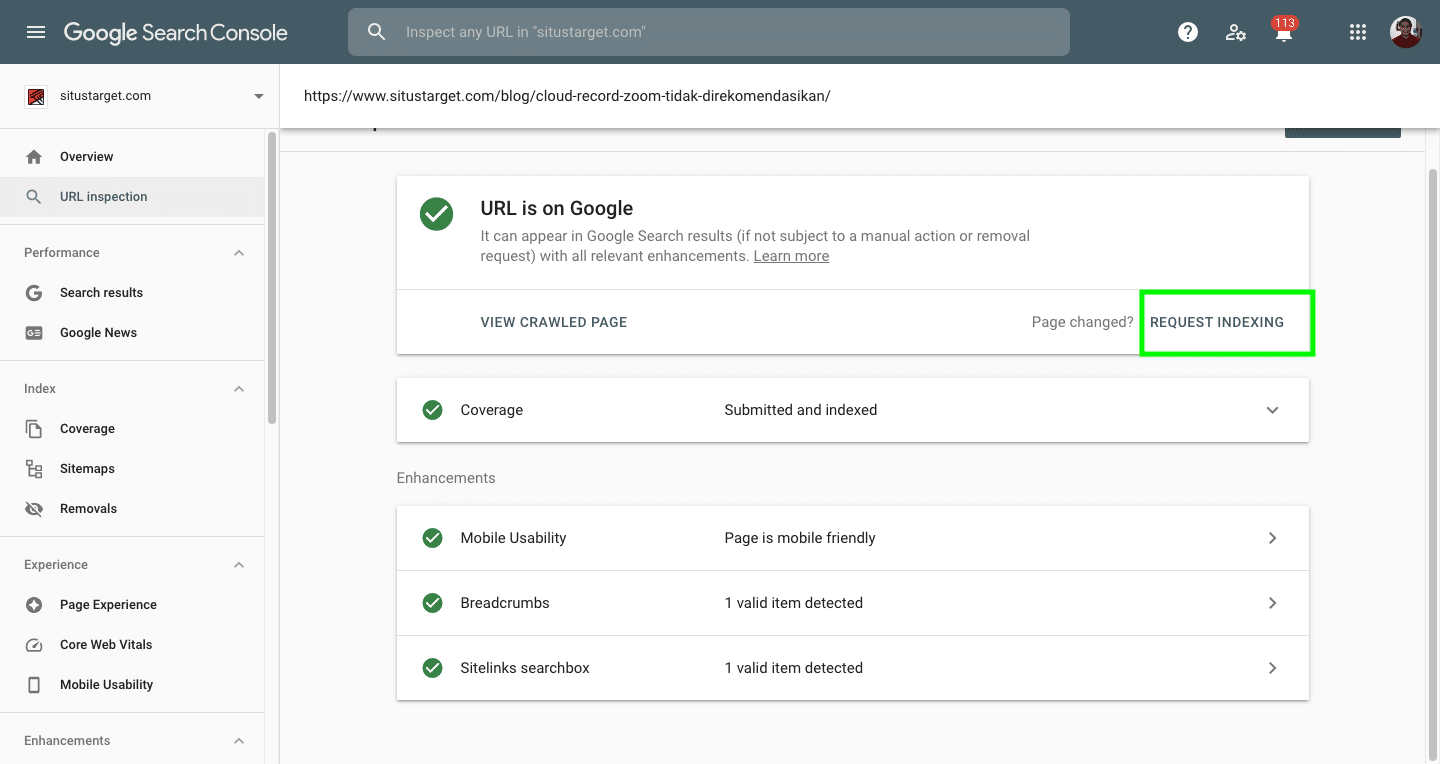 Cara melakukan request indeks pada mesin pencari Google