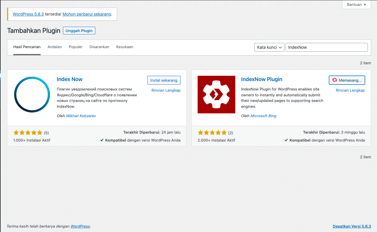 Proses instalasi plugin IndexNow oleh Microsoft Bing