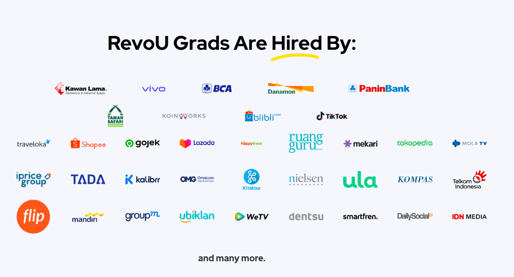 Daftar perusahaan yang melakukan hiring alumni RevoU untuk Full Stack Digital Marketing RevoU.