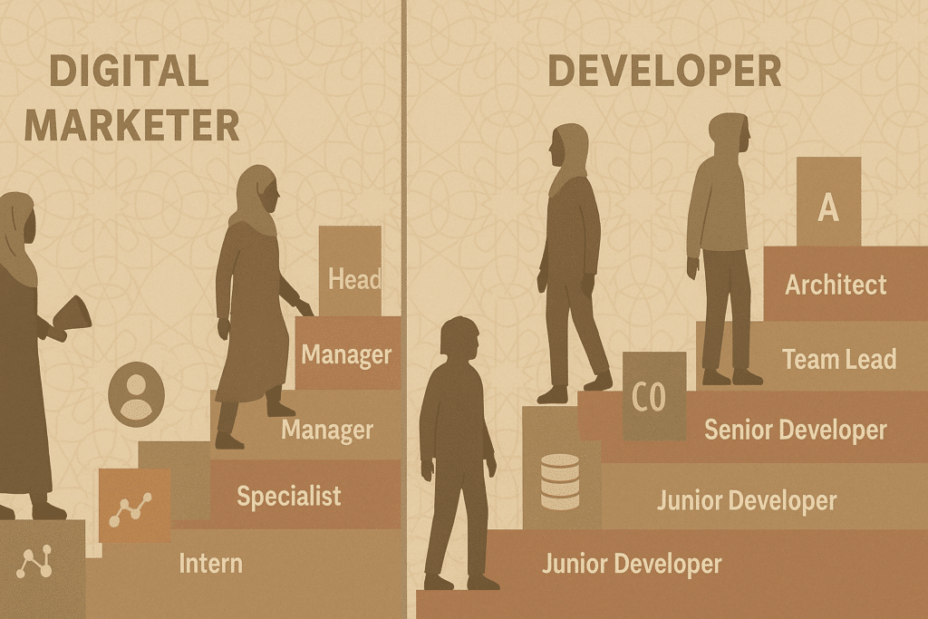 Perbedaan Digital Marketer vs Developer IT 4 September 30th, 2026 • Blog Situstarget Perbedaan jenjang karir dari awal hingga karir tertinggi digital marketer vs developer IT