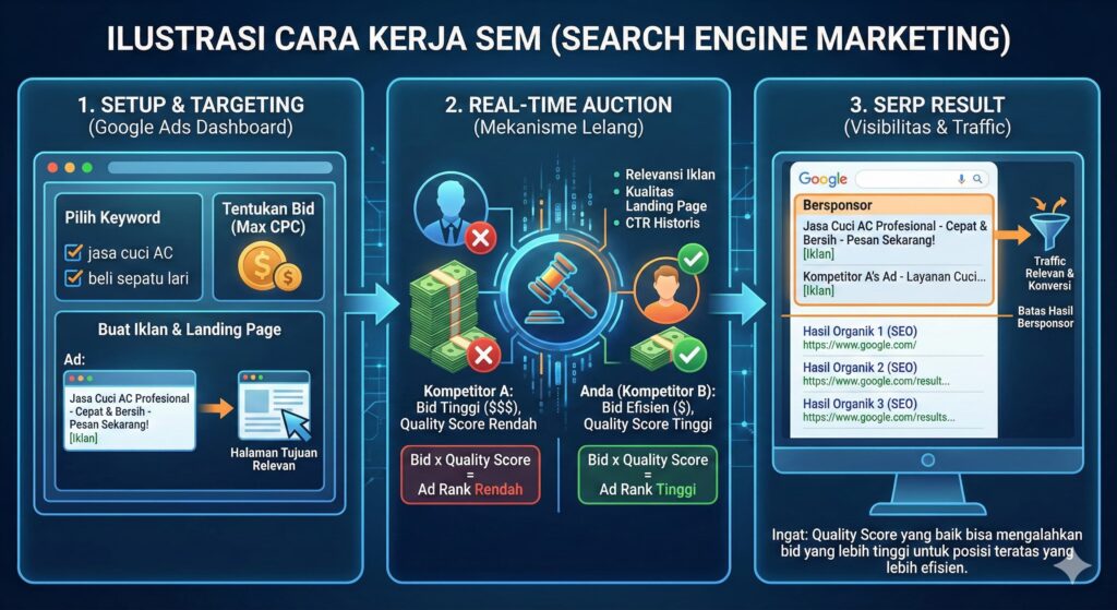 6 Perbedaan SEO dan SEM, Sebaiknya Pilih yang Mana? 5 Oktober 2nd, 2026 • Blog Situstarget Artikel ini mengulas tuntas perbedaan SEO dan SEM serta panduan memilih mana yang sebaiknya kamu fokuskan dulu berdasarkan tujuan, budget, dan tahap pertumbuhan bisnismu.