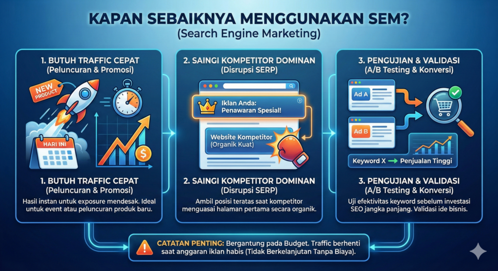 6 Perbedaan SEO dan SEM, Sebaiknya Pilih yang Mana? 6 Oktober 2nd, 2026 • Blog Situstarget Butuh traffic cepat tapi juga ingin brand kuat jangka panjang? Pahami perbedaan SEO dan SEM, cara kerja, biaya, dan prioritas yang paling masuk akal untuk bisnis online kamu