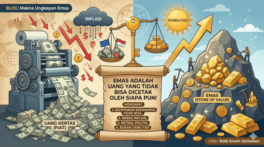 Makna dari ungkapan emas adalah mata uang yang tidak bisa dicetak oleh siapa pun