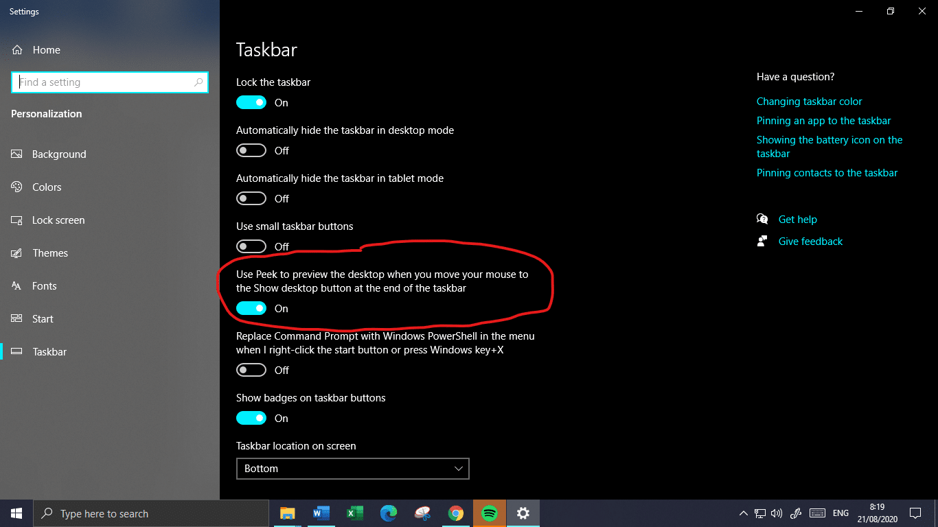 Use peek to preview the desktop