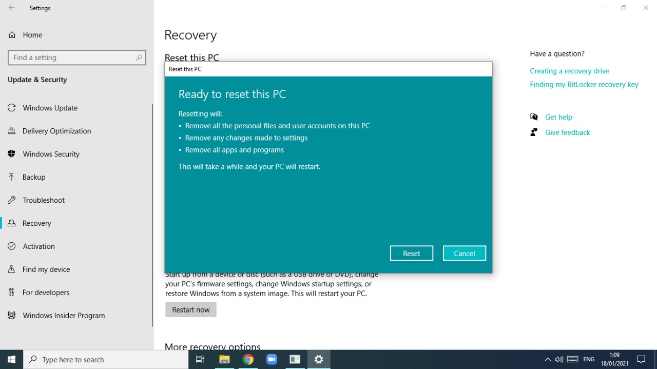 Halaman konfirmasi reset pada Windows 10