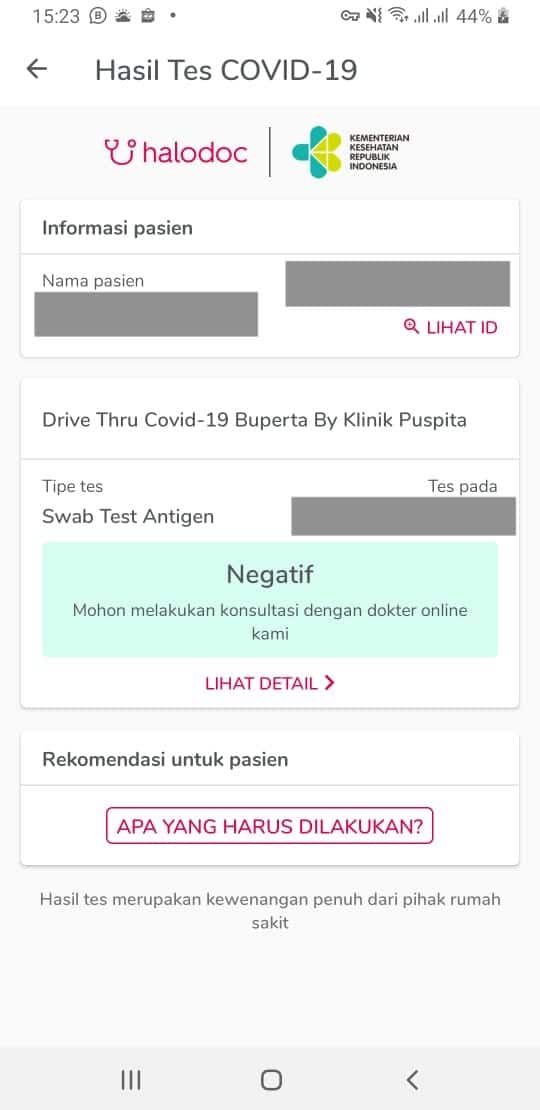 Hasil swab test melalui aplikasi Halodoc
