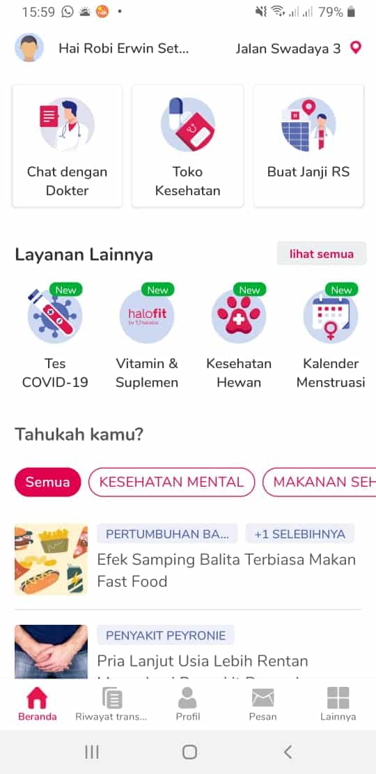 Pilih layanan test covid-19 pada tampilan utama dari aplikasi Halodoc