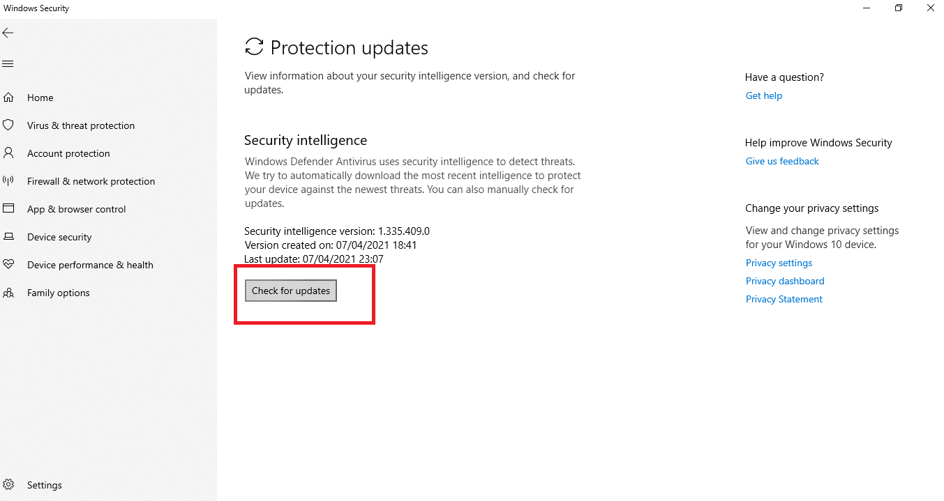 Check for update pada Windows Defender 
