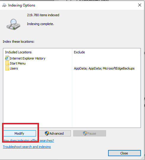 Pilihan pengindeksan pada Windows 10
