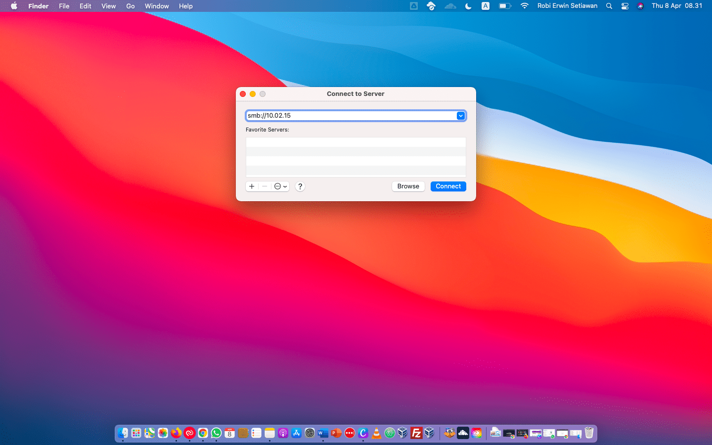 Masukkan perintah smb:// diikuti dengan alamat IPv4 komputer Windows 10, dan klik connect untuk menghubungkan.